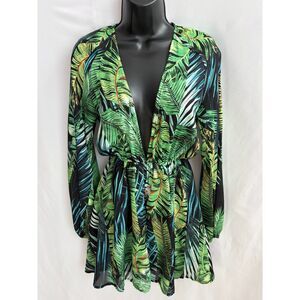 Green Tropical Long Sleeve Dress Vacation Coastal Flowy Size XS Romantic Deep V